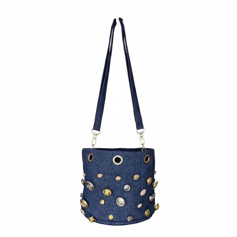 Buttons Adjustable Strap Bucket Bag
