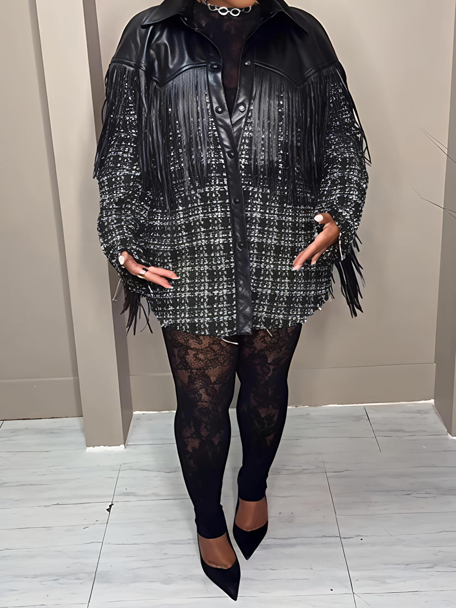 Faux Leather Trim Tweed Shacket