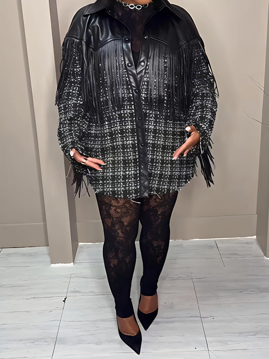 Faux Leather Trim Tweed Shacket