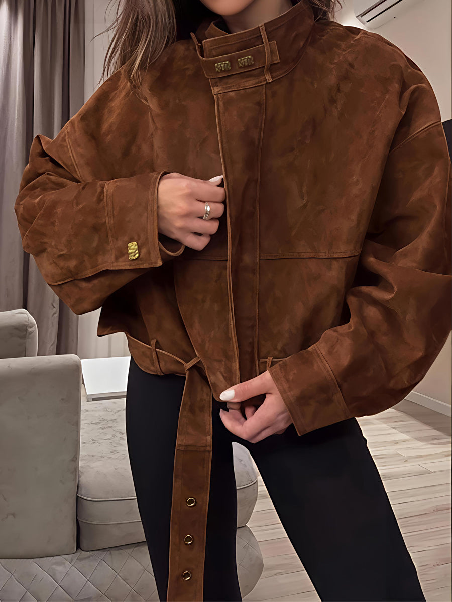 Suede Zip Up Stand Collar Jacket