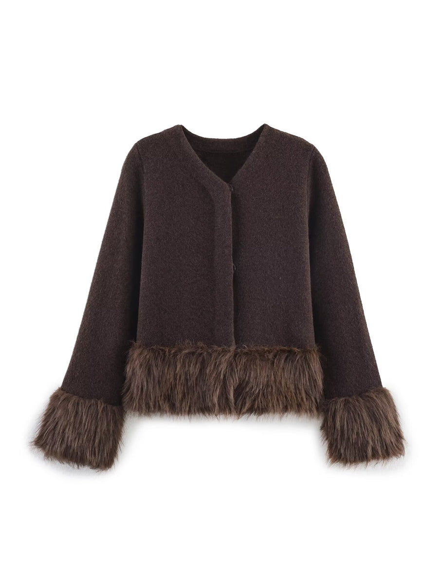 Faux Fur Patchwork Knit Cardigan