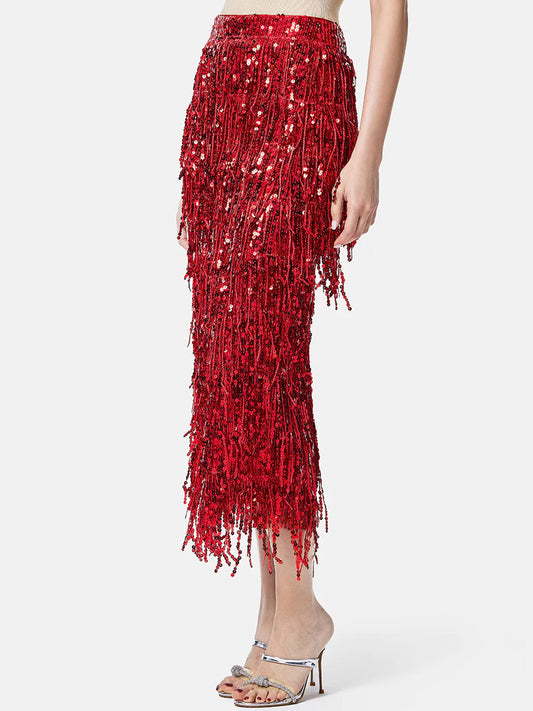 Tassel Sequin Slit Hem Midi Skirt