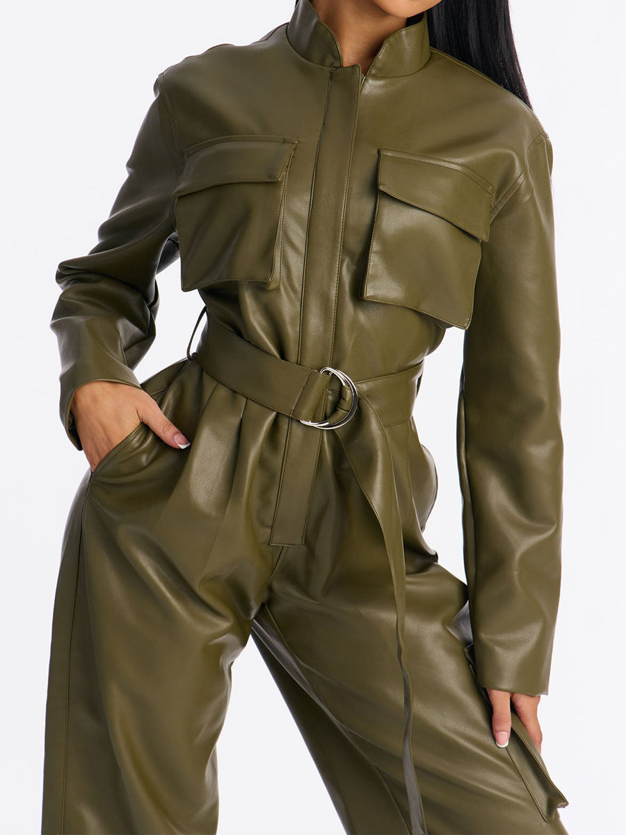Faux Leather Cargo Straight Leg Jumpsuit