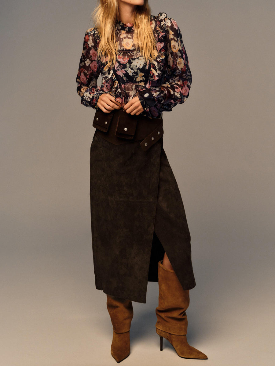 Ruffle Collar Floral Print Ruffled Blouse