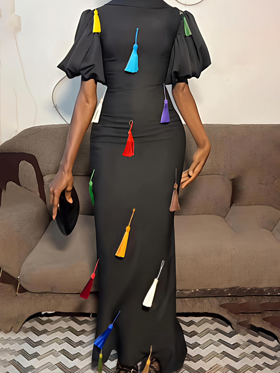 Fringed Short Puff Sleeve Elegant Maxi Dress