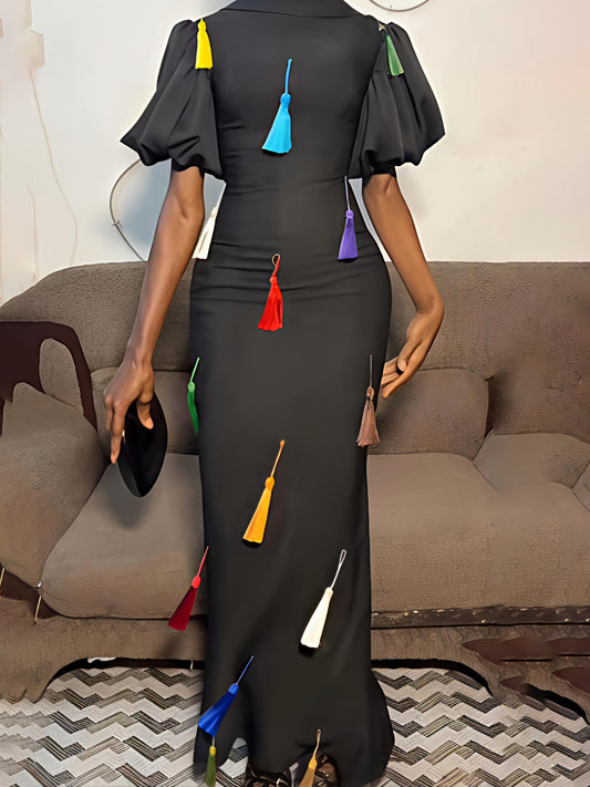 Fringed Short Puff Sleeve Elegant Maxi Dress