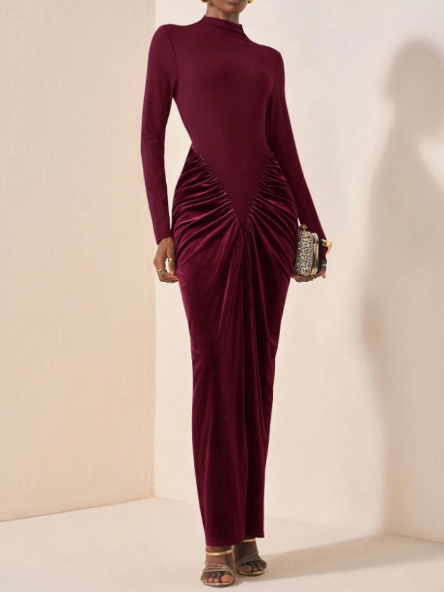 Velvet-Waist Pleated Dress