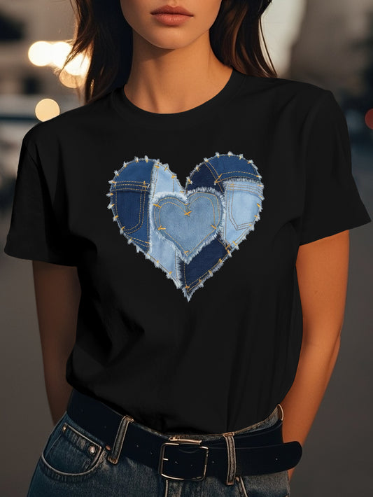 Heart shaped denim patches Fashion women's pure cotton T-shirt short sleeves