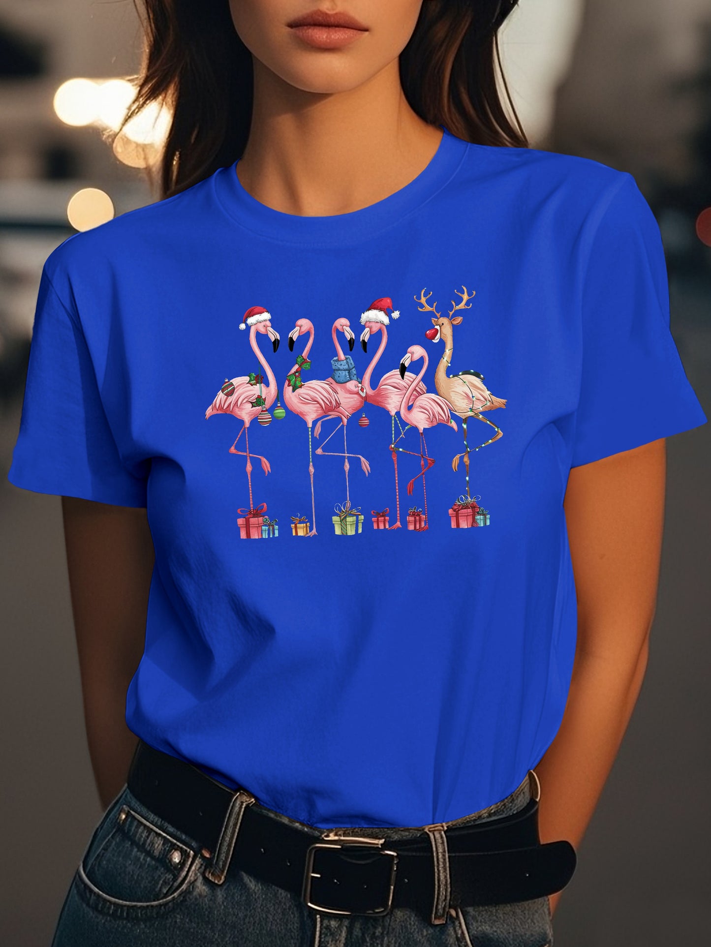 Christmas Flamingos Fashion women's pure cotton T-shirt short sleeves