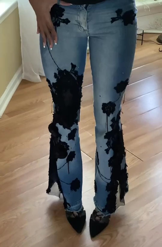 Black Lace Patchwork Flared Jeans