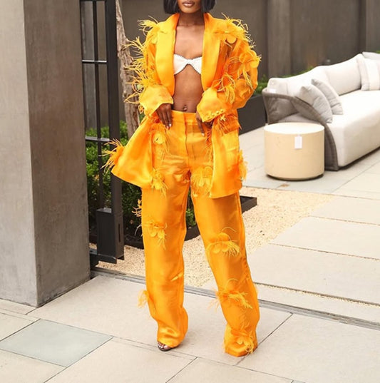 Orange Feather Floral Embellished Suit Set