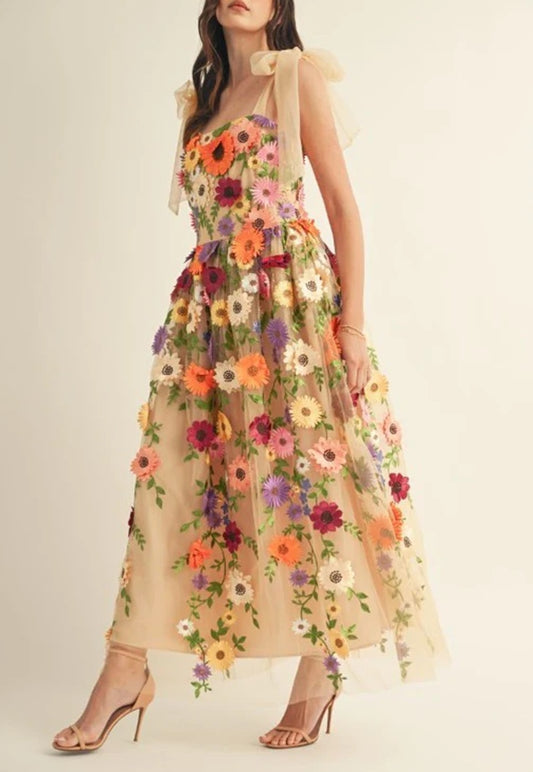 3d Floral All Over Shoulder Tie Midi Dress