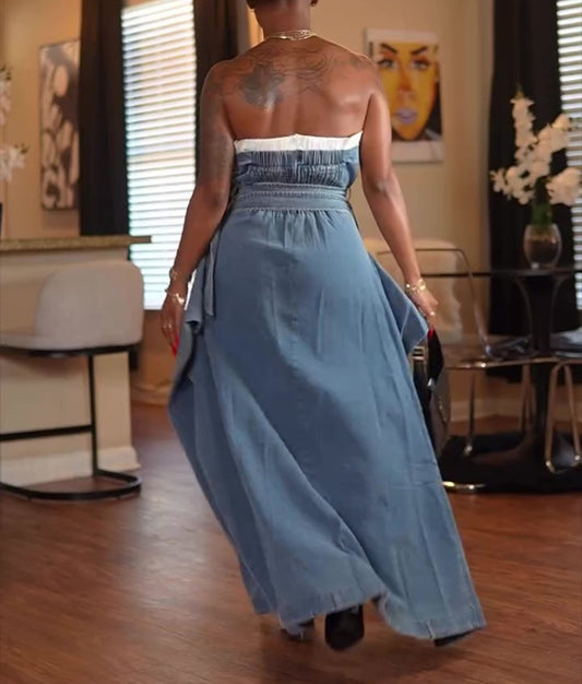 Chic Denim Belted Halter Dress