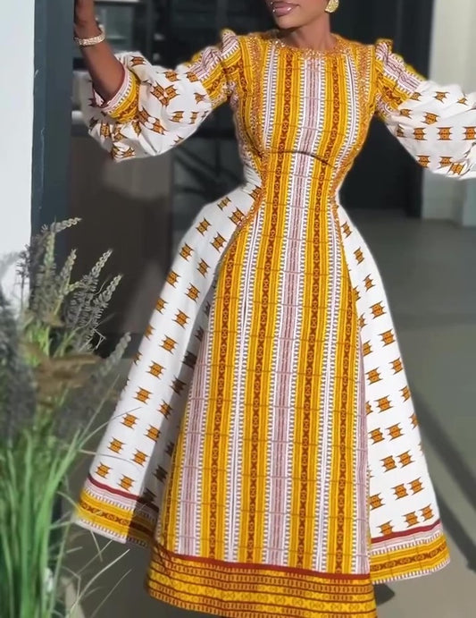 Golden Patterned Puff-Sleeve Dress