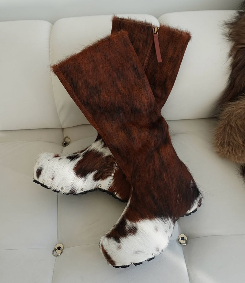 Cowhide Edge Fur Zip Boots