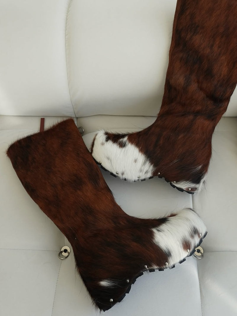 Cowhide Edge Fur Zip Boots