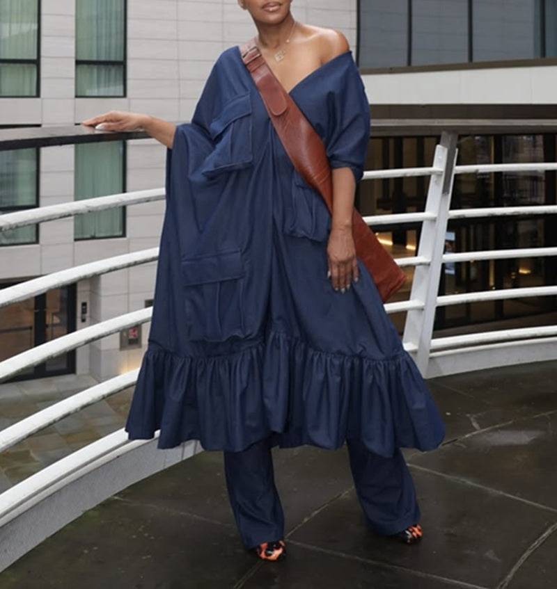 Navy Drape Pocket Maxi Dress