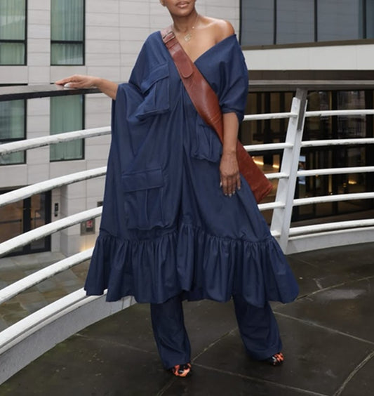 Navy Drape Pocket Maxi Dress