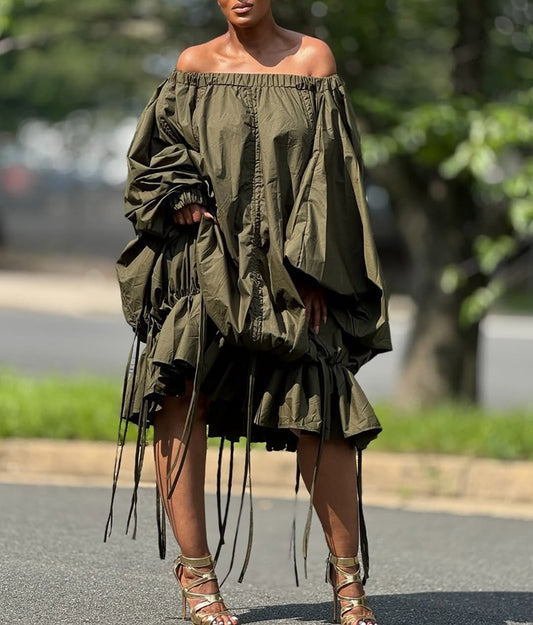 Off-Shoulder Tassel Shift Dress