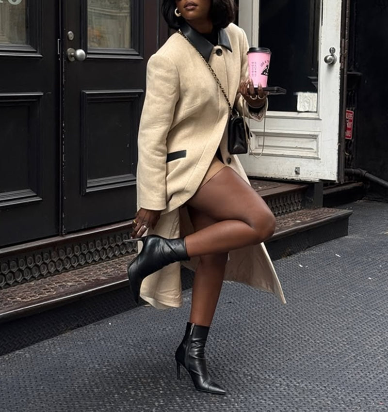 Cream Leather-Trim Wool Coat