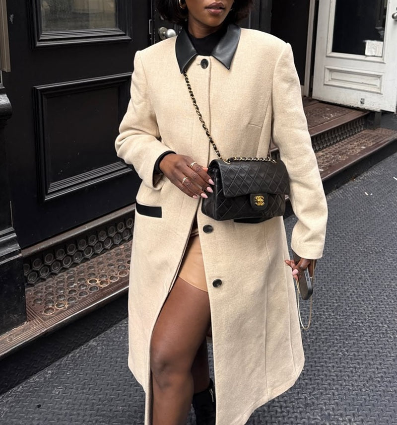 Cream Leather-Trim Wool Coat