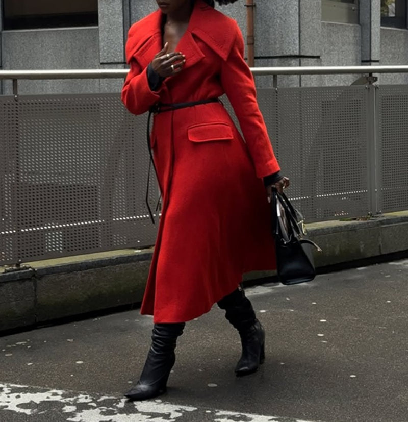 Scarlet Belted Wool Trench Coat