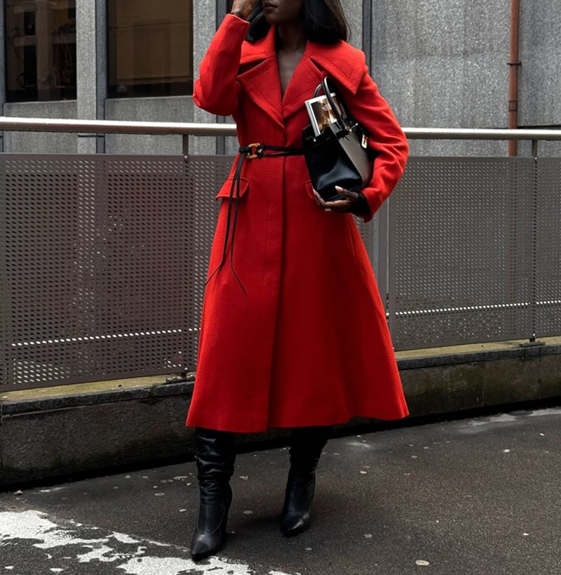 Scarlet Belted Wool Trench Coat