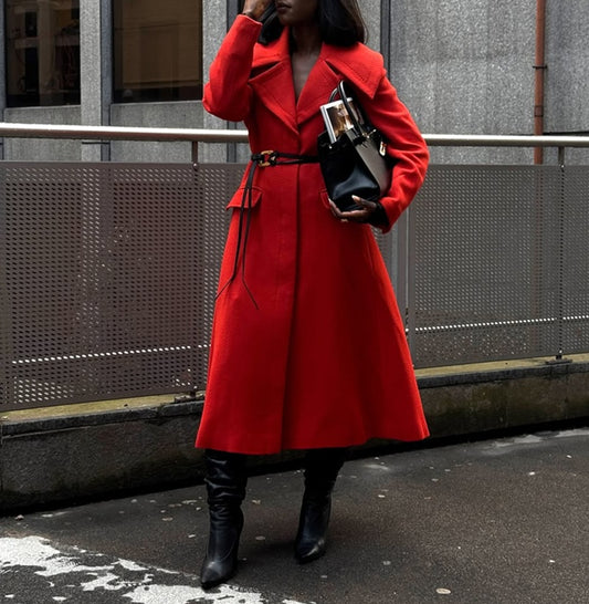 Scarlet Belted Wool Trench Coat