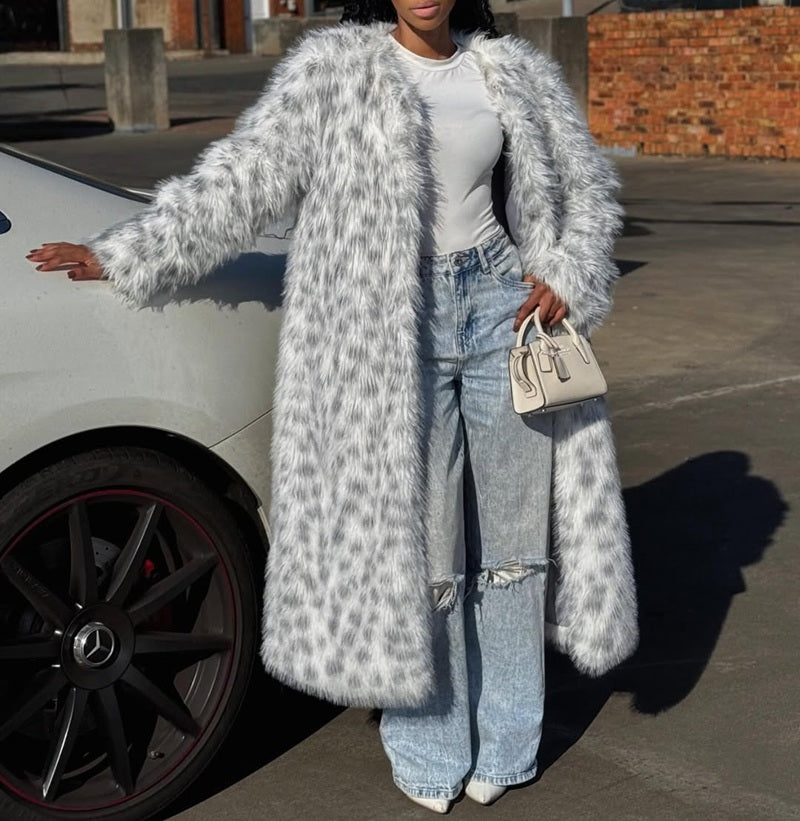 Snow Leopard Faux Fur Coat