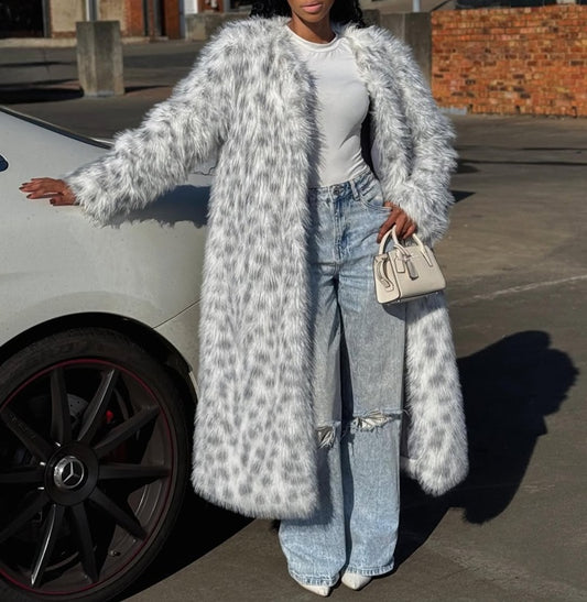 Snow Leopard Faux Fur Coat