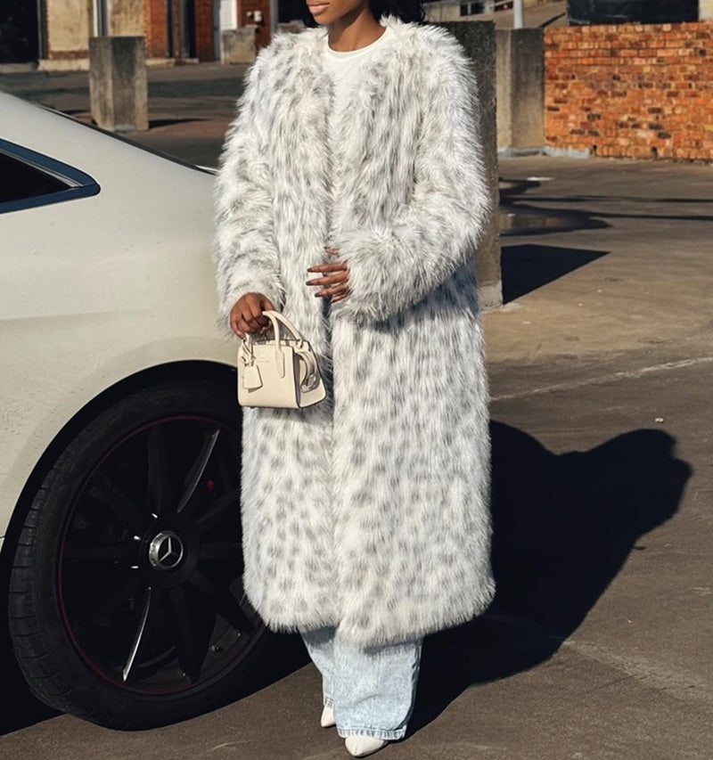 Snow Leopard Faux Fur Coat