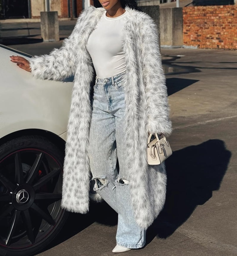 Snow Leopard Faux Fur Coat