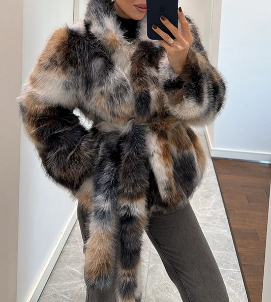 Batik Pattern Belted Fur Coat