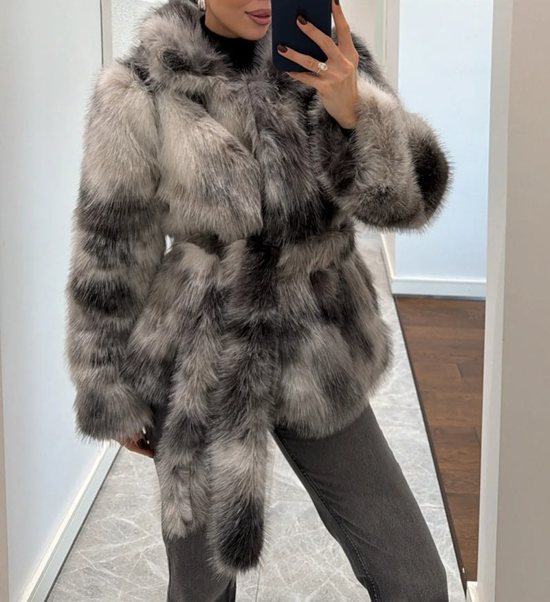 Batik Pattern Belted Fur Coat