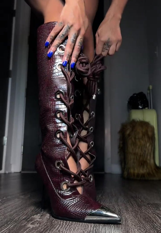 Burgundy Crocodile Lace-Up Stiletto Boots