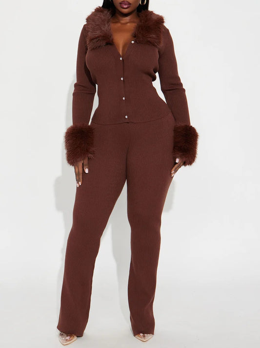 Fur Trim Knit Two-Piece Set