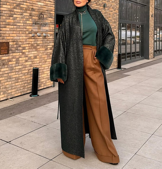 Glittered Onyx Fur Trim Coat