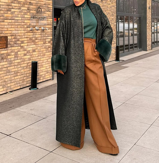 Glittered Onyx Fur Trim Coat