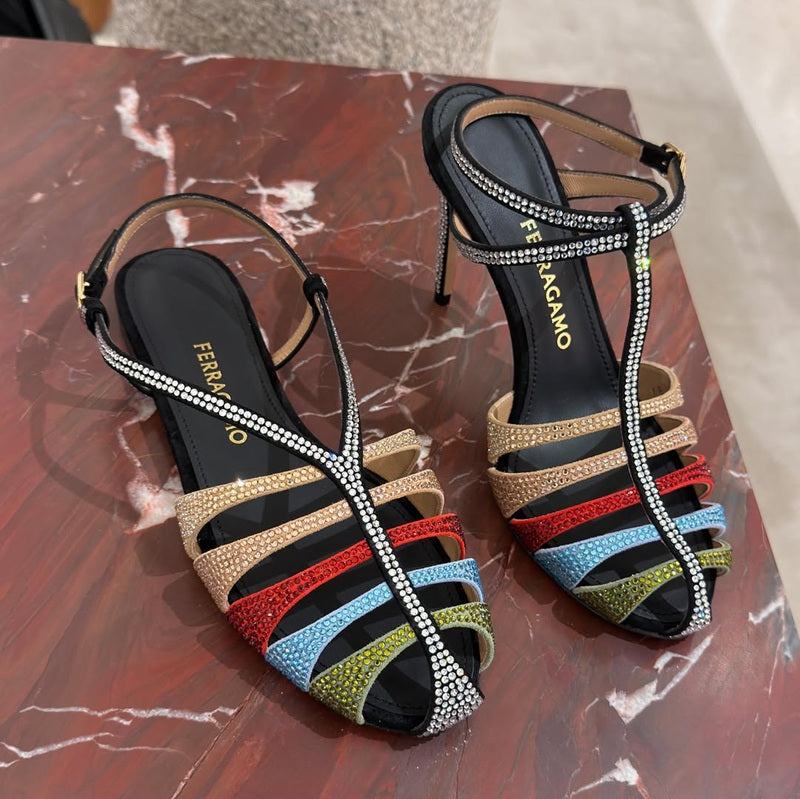 Multicolor Rhinestone Heeled Sandals