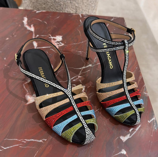 Multicolor Rhinestone Heeled Sandals