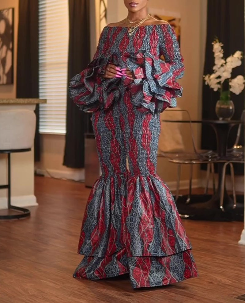 Off-Shoulder Ruffle Sleeve Flared Pants Two Piece Set