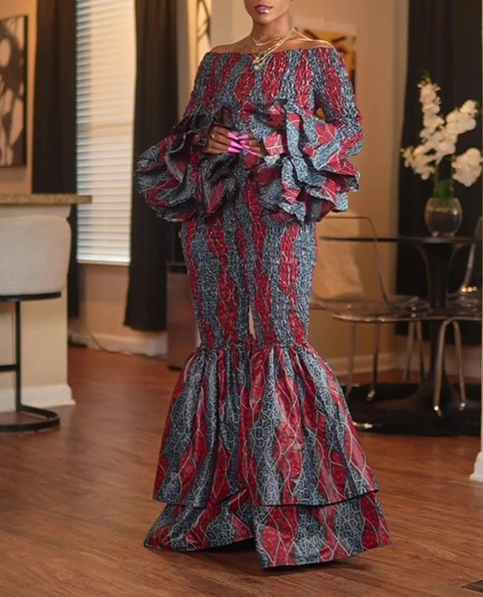 Off-Shoulder Ruffle Sleeve Flared Pants Two Piece Set