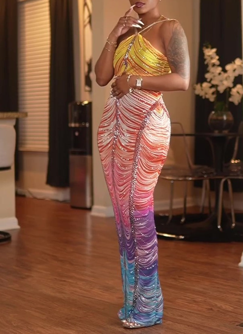 Rainbow Gradient Sequin Wave Halter Neck Maxi Dress