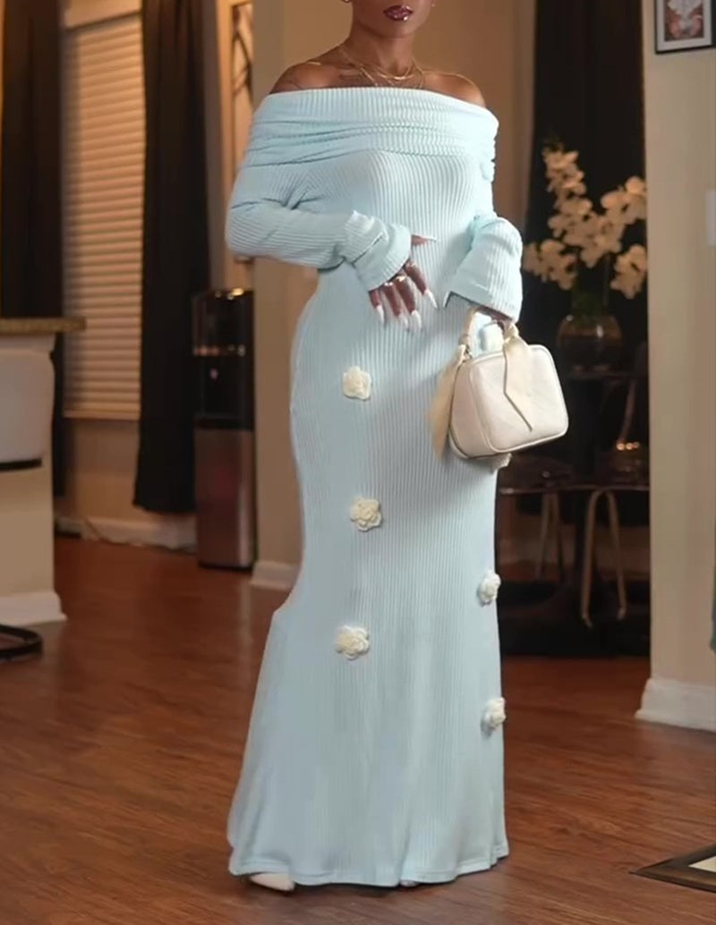 Off-Shoulder Floral Applique Knit Maxi Dress