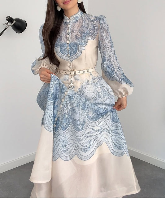 Elegant Stand Collar Paisley Embroidered Midi Shirt Dress