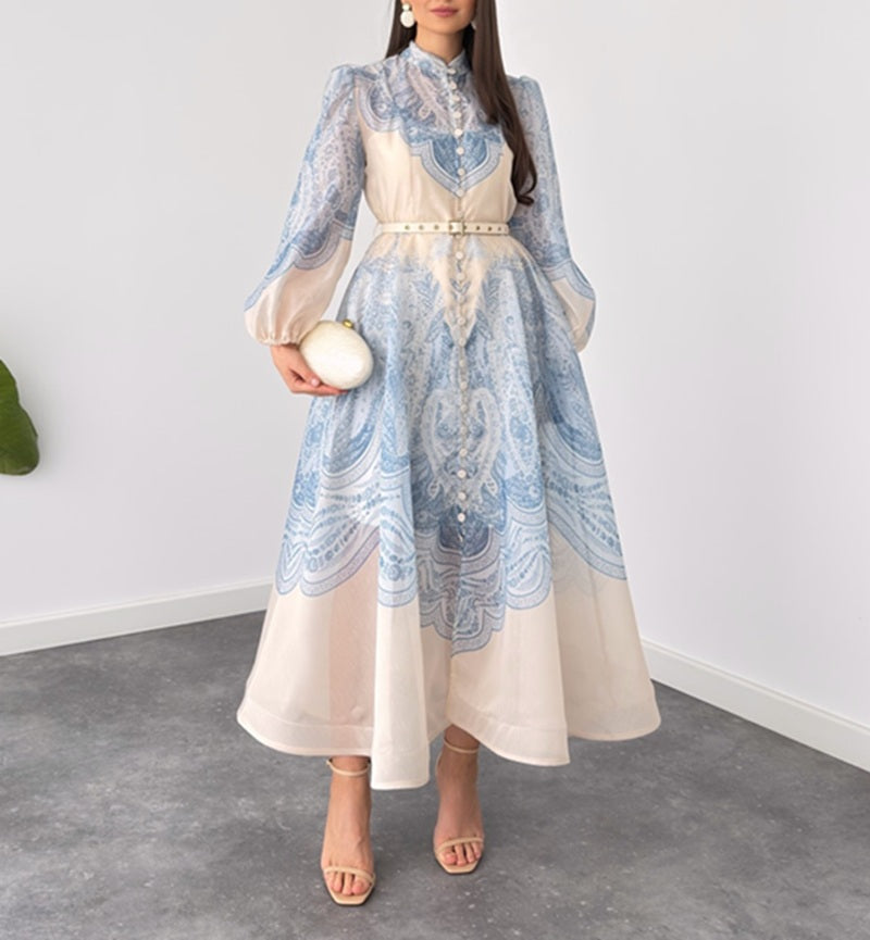 Elegant Stand Collar Paisley Embroidered Midi Shirt Dress