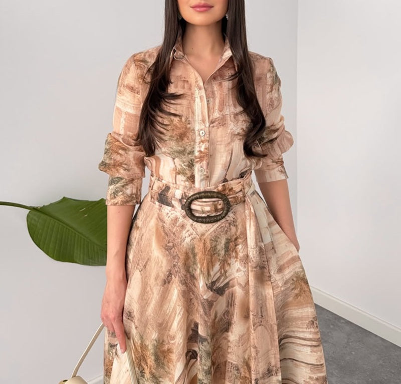 Vintage Landscape Print Belted Shirt Dress