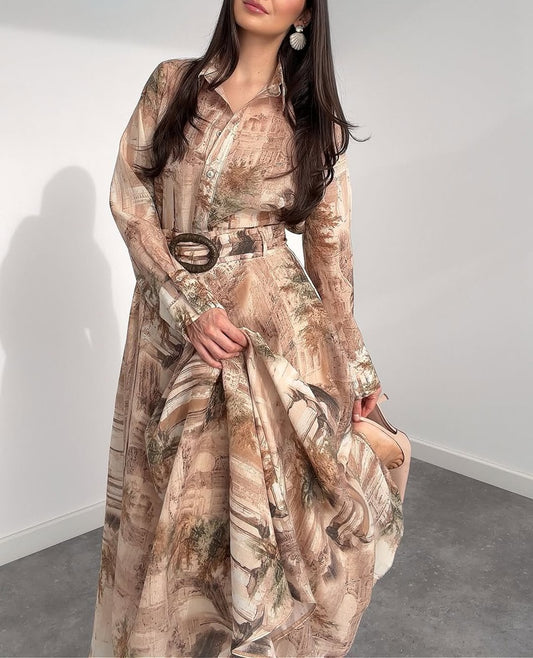 Vintage Landscape Print Belted Shirt Dress