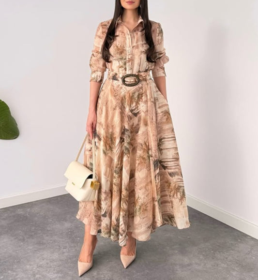 Vintage Landscape Print Belted Shirt Dress