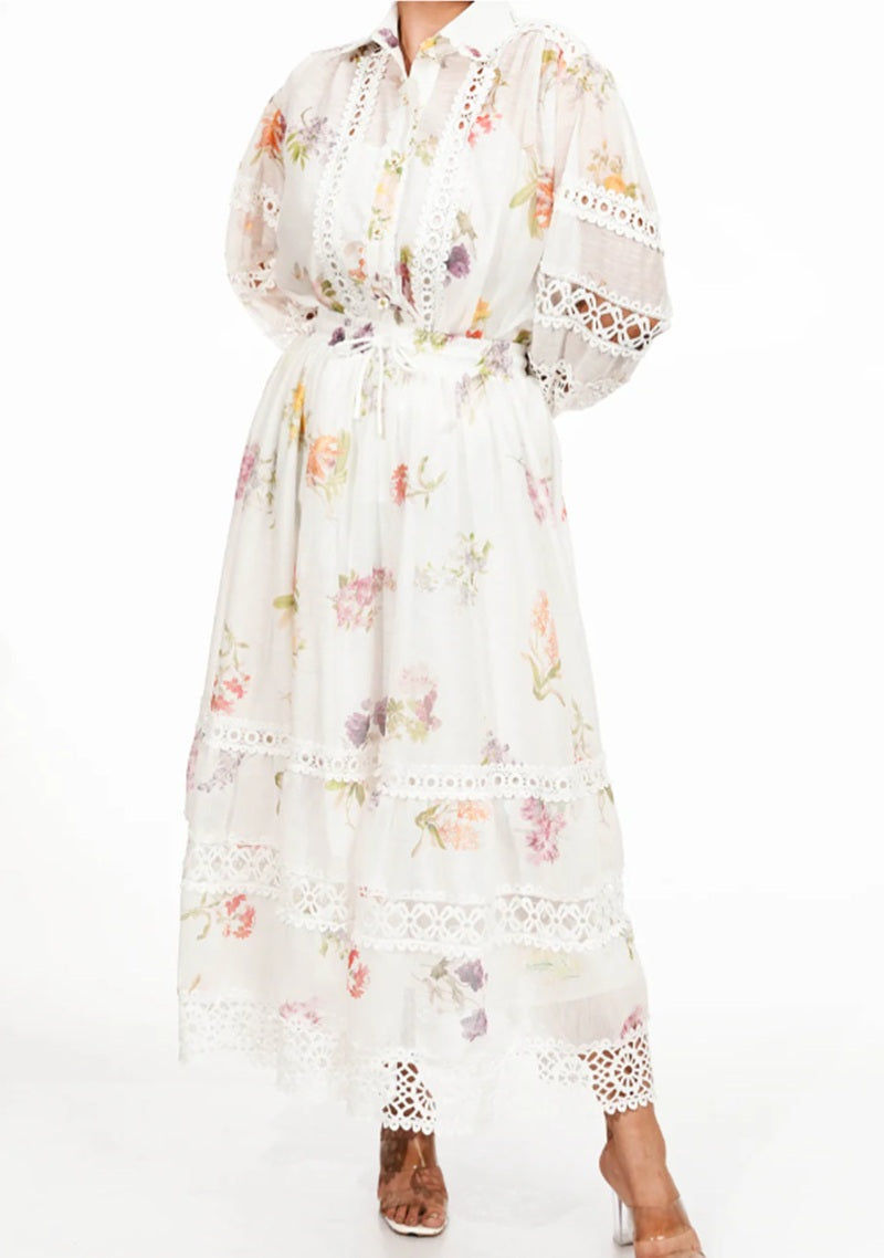 Floral Lace Puff Sleeve Shirt Dress